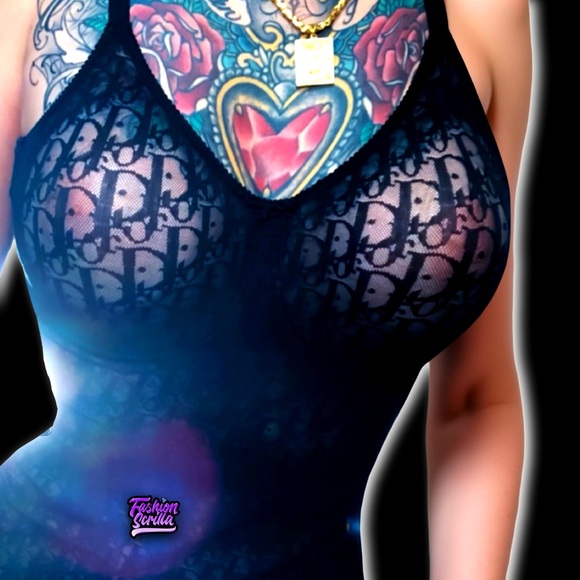 Dior 80โs Vintage Monogram Oblique Jacquard Trotter Black Sheer Logo Bodysuit - Picture 2 of 16